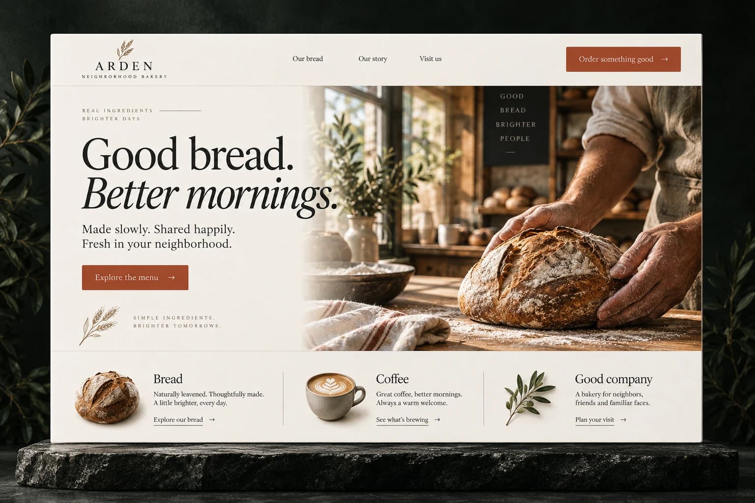 Arden Bakery: bakeries & cafés website concept, Good bread. Better mornings.
