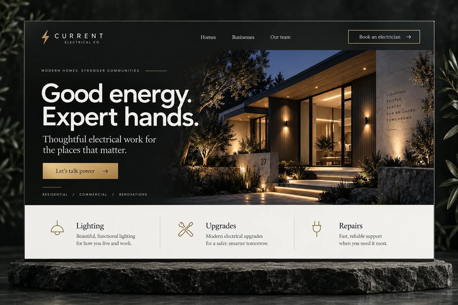 Current Electrical Co.: electricians website concept, Good energy. Expert hands.