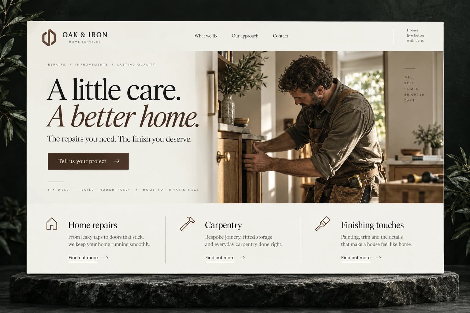 Oak & Iron: handymen website concept, A little care. A better home.