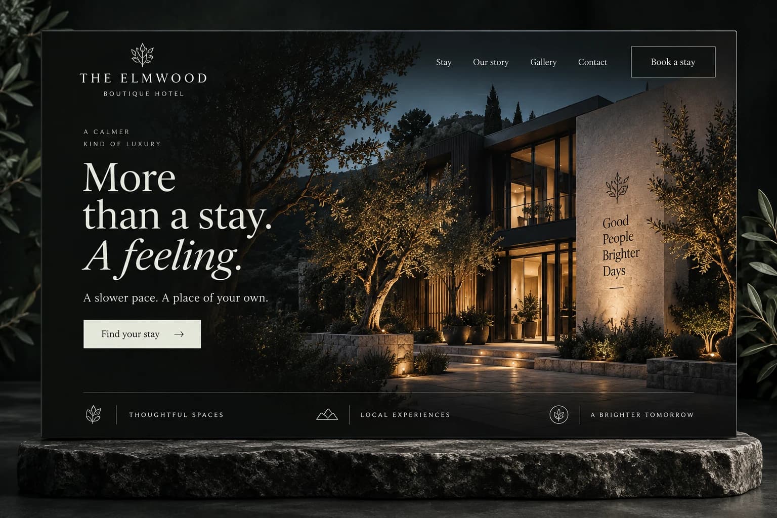 The Elmwood: boutique hotels website concept, More than a stay. A feeling.