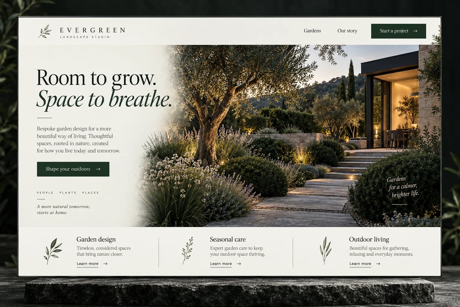 Evergreen Landscape Studio: landscapers website concept, Room to grow. Space to breathe.