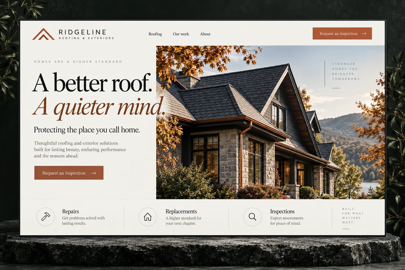 Ridgeline Roofing: roofers website concept, A better roof. A quieter mind.